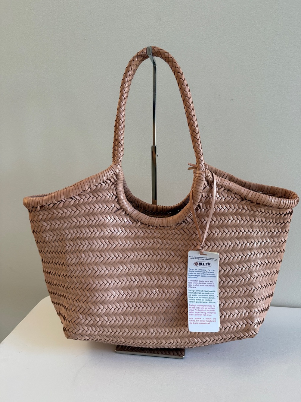 New ALTICA Genuine Leather Woven Monalisa Tote Handbag Bag Beige Big Size